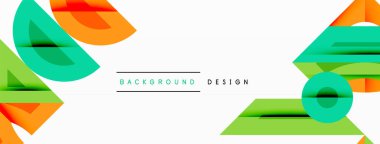 Soyut geometrik şekiller örtüşür ve canlı bir görsel kompozisyon yaratır. Parlak renkler beyaz alana hakim. Minimalist tasarım unsurları.