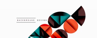 Soyut geometrik şekiller, canlı renkler, modern tasarım elementleri. Arka planda üst üste binen daireler, üçgenler, dikdörtgenler var. Temiz, minimalist estetik.