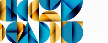 Soyut geometrik şekiller, canlı renkler, mavi, altın. Modern tasarım, temiz çizgiler, üst üste binen formlar dinamik bileşim oluşturur.