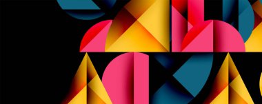 Soyut geometrik bileşim. Renkli üçgenler, dikdörtgenler dinamik desenler oluşturur. Modern tasarım, canlı renkler siyah arkaplana hakim..