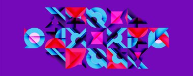 Soyut geometrik şekiller, canlı renkler, mor arkaplan. Modern tasarım, dinamik kompozisyon, görsel doku.