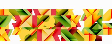 Soyut geometrik şekiller örtüşür, canlı renkli desenler yaratır. Kırmızı, sarı, yeşil baskın kompozisyon. Modern tasarım.