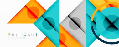 Geometrik şekiller örtüşür, canlı modern tasarım yaratır. Turuncu, deniz mavisi, gri renkler kompozisyona hakim. Minimalist estetik.