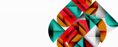 Soyut geometrik şekiller örtüşür, dinamik bileşim yaratır. Renkler arasında kırmızı, deniz mavisi, turuncu, gri, beyaz vardır. Minimalist tasarım, modern estetik.