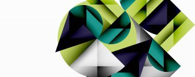 Soyut geometrik şekiller, yeşil renkler baskın gelir. Üçgenler kenetlenip dinamik bileşim oluşturuyor. Minimalist tasarım, modern estetik.