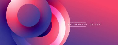 Soyut gradyan çemberler çakışıyor, dinamik görsel efekt yaratıyor. Pembe, mor renkler kompozisyona hakim. Mevcut en küçük metin.