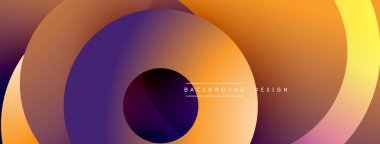 Soyut çemberler çakışıyor, canlı bir değişim etkisi yaratıyor. Turuncu, mor renkler tasarımda baskın. Minimalist estetik, modern his.
