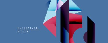 Soyut geometrik şekiller dinamik bileşim yaratır. Mavi arkaplan, canlı kırmızı ve mor renklerin zıttıdır. Modern tasarım derinliği ve görsel ilgiyi çağrıştırıyor.