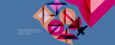 Soyut geometrik bileşim. Üst üste binen şekiller dinamik görsel efekt yaratır. Sıcak, serin renkler mavi arka plana karşı kontrasttır. Modern tasarım ögesi.