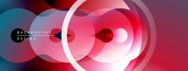 Soyut kompozisyon. Üst üste binen daireler, gradyanlar dinamik görsel efekt yaratır. Kırmızı, mavi renkler dizaynın hakimi. Modern estetik.