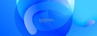 Soyut mavi katmanlar akışkan şekiller yaratır. Renkler derinliği gösteriyor, modern tasarım elementleri mevcut. Minimalist estetik.