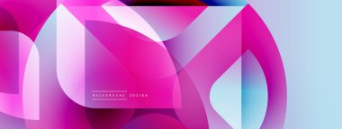 Soyut geometrik şekiller, canlı pembeler, maviler modern arka plan yaratır. Yumuşak eğimler, üst üste binen biçimler dinamik akışı önerir.