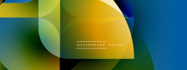 Soyut geometrik şekiller canlı renkleri harmanlarlar. Üst üste binen formlar dinamik görsel doku yaratır. Modern tasarım elementleri akıcılık ve enerji öneriyor.