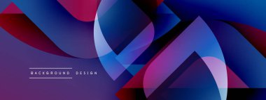 Soyut akışkan şekiller, canlı maviler, morlar, kırmızılar dinamik bir zemin oluşturur. Modern tasarım elementleri hareket, derinlik.