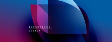 Soyut arkaplan parlak mavi, mor renkler içerir. Üst üste binen şekiller dinamik görsel efekt yaratır. Modern tasarım elemanları.