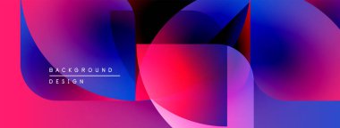 Soyut canlı tasarım, üst üste binen şekiller, gradyanlar. Pembe, mavi renkler kompozisyona hakim. Modern estetik.
