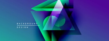 Soyut geometrik şekiller örtüşüyor, canlı mavi, mor, yeşil gradyanlar yaratıyor. Arkaplan veya sunumlar için modern tasarım ögesi.