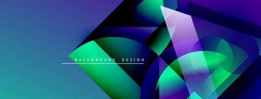 Soyut geometrik şekiller canlı mavileri, yeşillikleri, morları harmanlarlar. Modern tasarım dinamik görsel deneyim yaratır. Gradyan renkler kompozisyona hakim.