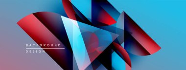 Soyut geometrik şekiller canlı mavileri, kırmızıları, grileri harmanlarlar. Modern tasarım parlak dokular, dinamik kompozisyon içerir. Arkaplan metni arkaplan tasarımı okur.