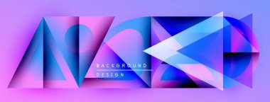 Soyut geometrik şekiller canlı mor, mavi renkleri harmanlarlar. Modern tasarım, katmanlı üçgenler, gradyanlar, metin elementleri.