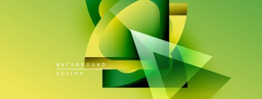 Soyut geometrik şekiller örtüşüyor, dinamik yeşil, sarı gradyanlar yaratıyor. Modern tasarım elementleri yenilik ve enerji öneriyor. Metin arkaplan tasarımı okur.