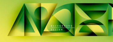 Soyut geometrik şekiller, canlı yeşil renkler, modern tasarım. Arkaplan özellikleri katmanlı biçimler, metin elemanları mevcut. Minimalist estetik.