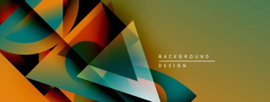 Soyut geometrik şekiller örtüşüyor, dinamik renk eğimleri yaratıyor. Sönük zeytin arkaplanda yeşil, turuncu, kırmızı renkler tasarla.