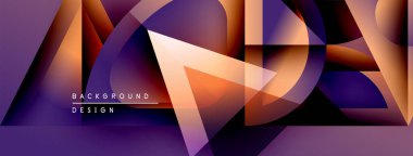 Soyut geometrik şekiller harmanlanarak dinamik mor, turuncu gradyanlar oluşturur. Modern tasarım elementleri hareket, derinlik.