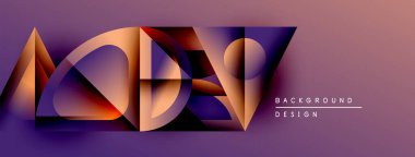 Soyut geometrik şekiller örtüşüyor, canlı renk eğimleri yaratıyor. Tasarımda mor, turuncu, altın renkleri var. Modern estetik.