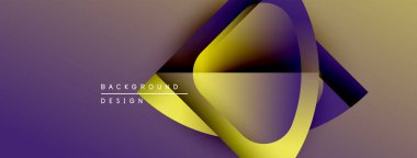 Soyut tasarım canlı mor, altın renkleri içerir. Dinamik şekiller modern görsel etki yaratıyor. Minimalist metin mevcut.