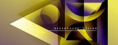 Soyut geometrik şekiller örtüşüyor, canlı renk eğimleri yaratıyor. Tasarımda altın, mor, siyah renkler var. Modern estetik.