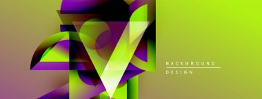 Soyut geometrik şekiller örtüşüyor, canlı renk eğimleri yaratıyor. Sarı, mor, yeşil renkler kompozisyona hakim. Modern tasarım ögesi.