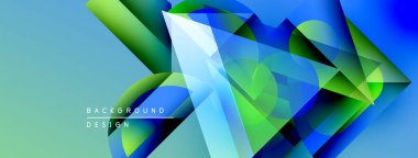 Soyut geometrik şekiller, canlı maviler, yeşiller dinamik arkaplan oluşturur. Modern tasarım, gradyan efektler, gösterişli sunum.