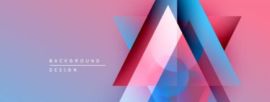 Soyut geometrik şekiller örtüşüyor, canlı renk eğimleri yaratıyor. Arkaplanda pembe, mor, mavi renkler var. Modern tasarım ögesi.