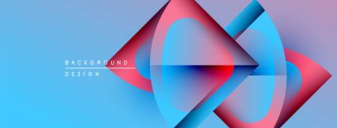 Soyut geometrik tasarım. Mavi eğimli arka plan, üst üste binen pembe, kırmızı, cyan şekiller. Modern görsel kompozisyon.