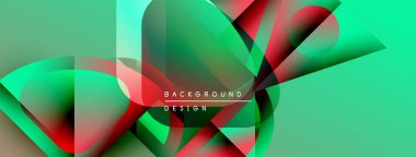 Soyut geometrik şekiller örtüşüyor, canlı yeşil, kırmızı gradyanlar yaratıyor. Modern tasarım elementleri dinamik bileşimi önerir.