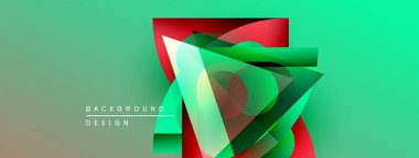 Soyut geometrik şekiller örtüşüyor, canlı renk eğimleri yaratıyor. Yeşil, kırmızı, beyaz katmanlar dinamik bileşim oluşturur. Modern tasarım ögesi.