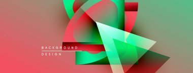 Soyut geometrik şekiller örtüşüyor, canlı renk eğimleri yaratıyor. Kırmızı, yeşil, artı sessiz tonlar kompozisyona hakim. Modern tasarım ögesi.
