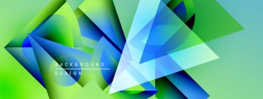 Soyut geometrik şekiller örtüşür, canlı gradyanlar yaratır. Mavi, yeşil renkler tasarıma egemen, modern estetik.
