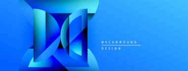 Soyut mavi tasarım katmanlı geometrik şekiller içerir. Gradyan renkler derinlik yaratır, modern estetik. Metin arkaplan tasarımı okur.