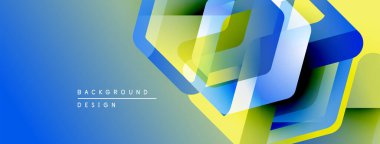 Soyut geometrik şekiller örtüşür, parlak mavi, yeşil ve sarı renkler yaratır. Arkaplan, pankart ve sunumlar için modern tasarım ögesi.