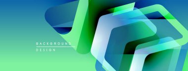 Soyut geometrik şekiller örtüşür, parlak mavi, yeşil eğimler yaratır. Modern tasarım elementleri teknoloji ve yenilik öneriyor. Temiz estetik.