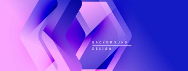 Soyut geometrik şekiller mor, pembe renkleri harmanlarlar. Modern tasarım üst üste binen katmanlar, gradyanlar içerir. Metin arkaplan tasarımı okur.