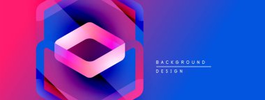 Soyut geometrik tasarım. Canlı pembe, mor, mavi gradyanlar katmanlı altıgen şekiller oluşturur. Dijital projeler için modern arkaplan ögesi.