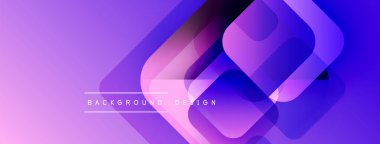 Soyut geometrik şekiller örtüşür, canlı mor gradyan arkaplan oluşturur. Modern tasarım elementleri teknoloji ve yenilik öneriyor.