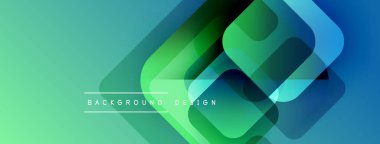Soyut geometrik şekiller örtüşür, canlı turkuaz, yeşil gradyan oluşturur. Arkaplan ve sunumlar için modern tasarım ögesi.