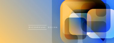 Soyut geometrik şekiller örtüşüyor, canlı renk eğimleri yaratıyor. Bej, mavi renkler modern estetik sunarak tasarıma hakim..