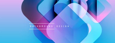 Soyut geometrik şekiller canlı mavileri, morları ve pembeleri harmanlarlar. Modern tasarım üst üste binen kareler, gradyanlar, metin ögeleri.