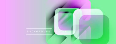 Soyut geometrik şekiller örtüşür, canlı gradyanlar yaratır. Pembe, mor, yeşil renkler düzgün bir şekilde harmanlanır. Modern tasarım ögesi.