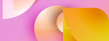 Soyut tasarım özellikleri üst üste binen renkli şekiller. Yumuşak gradyanlar modern, dinamik görsel efekt yaratır. Pembe, turuncu renkler kompozisyona hakim..